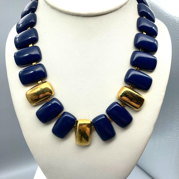 Vintage Napier Navy and Gold Necklace, Retro Chunky Book Chain with Blue Enamel - Picture 3 of 4